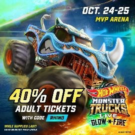 Hot Wheels Monster Trucks Live: Glow-N-Fire ad at MVP Arena Oct. 24-25, featuring the Rhino Mite truck, 40% off adult tickets with code RHINO.