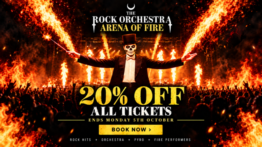  Rock orchestra conductor performing amid flames; graphic promotes 20% off all tickets through Monday.