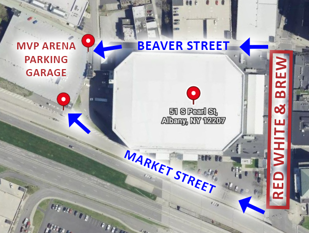 Map showing MVP Arena, parking garage, and Red, White & Brew event access from Beaver Street and Market Street.