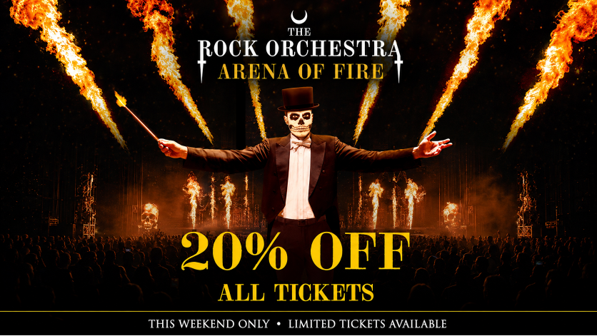 Rock orchestra conductor performing amid flames; graphic promotes 20% off all tickets this weekend.