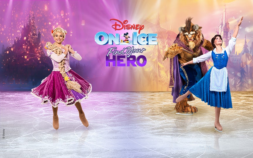 Disney On Ice “Find Your Hero” featuring Disney characters skating on ice.