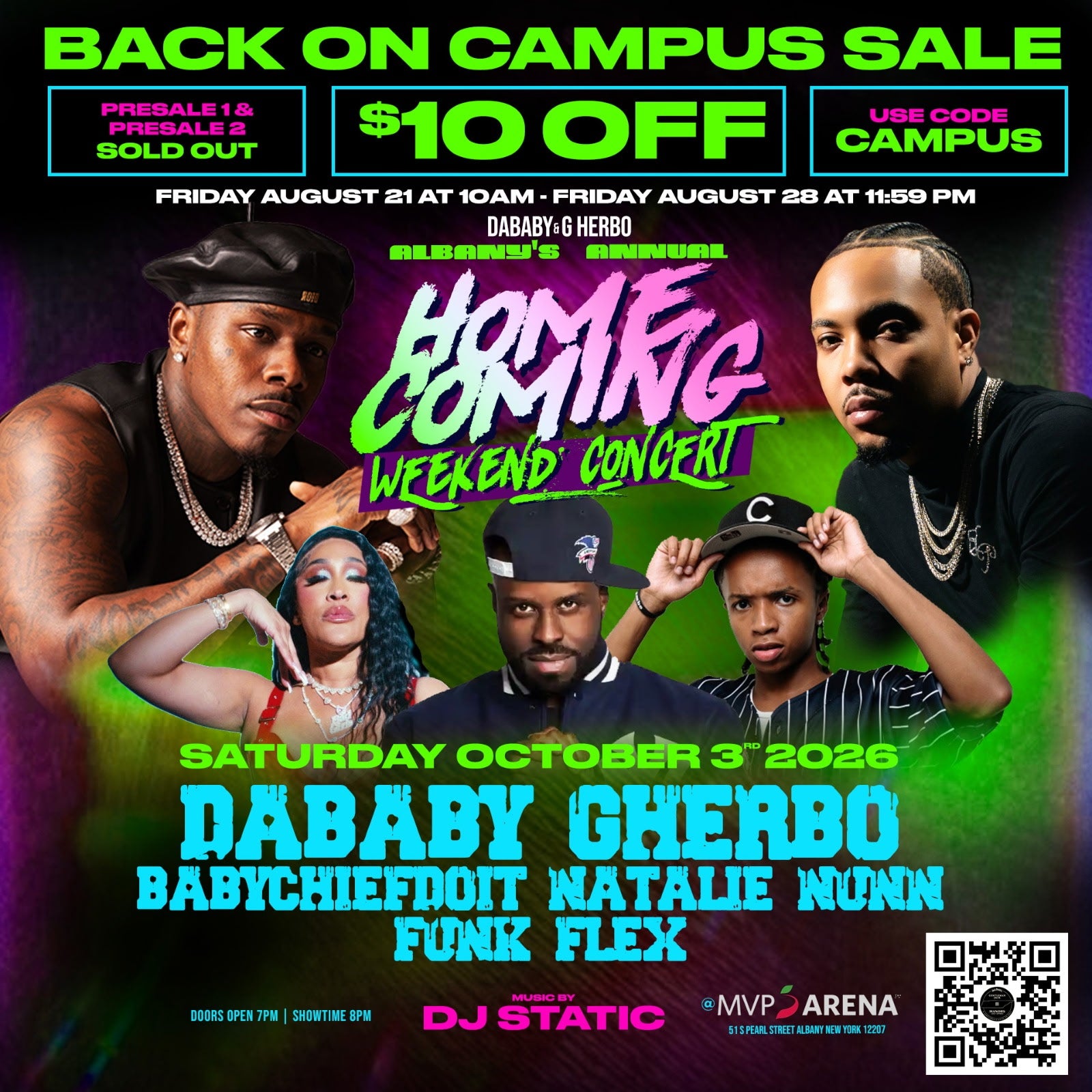 Concert poster: DABABY, G HERBO, and more at MVP Arena, Albany, NY, Saturday October 3, 2026 at 8 PM. $10 off with code CAMPUS.
